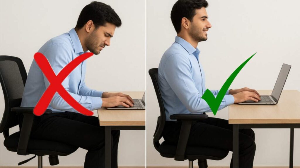 Side-by-side comparison of a young professional showing wrong sitting posture versus correct ergonomic sitting posture at an office desk.