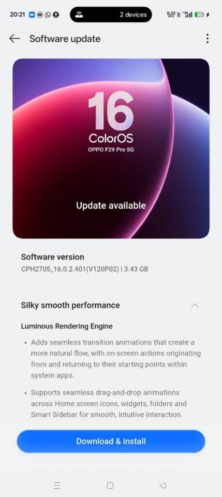 Oppo F29 Pro 5G received ColorOS 16 update