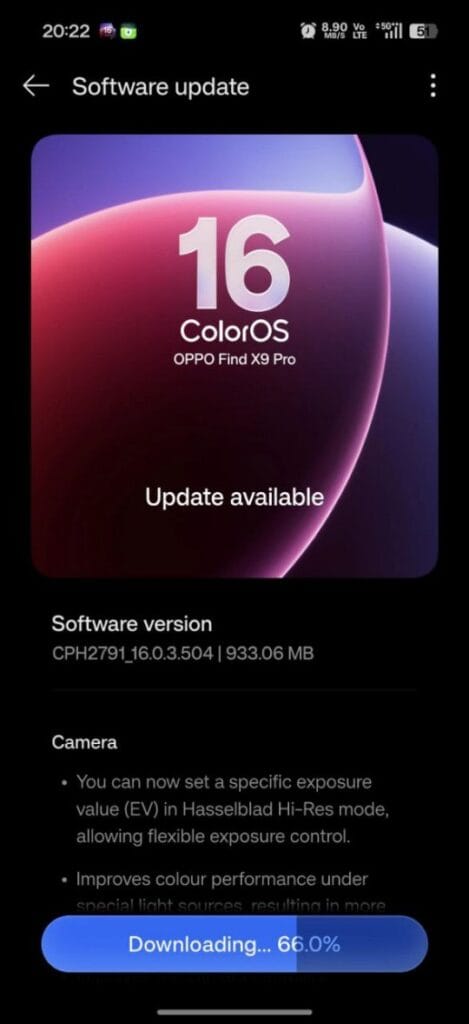 Oppo Find X9 Pro 5g ColorOS 16 Update