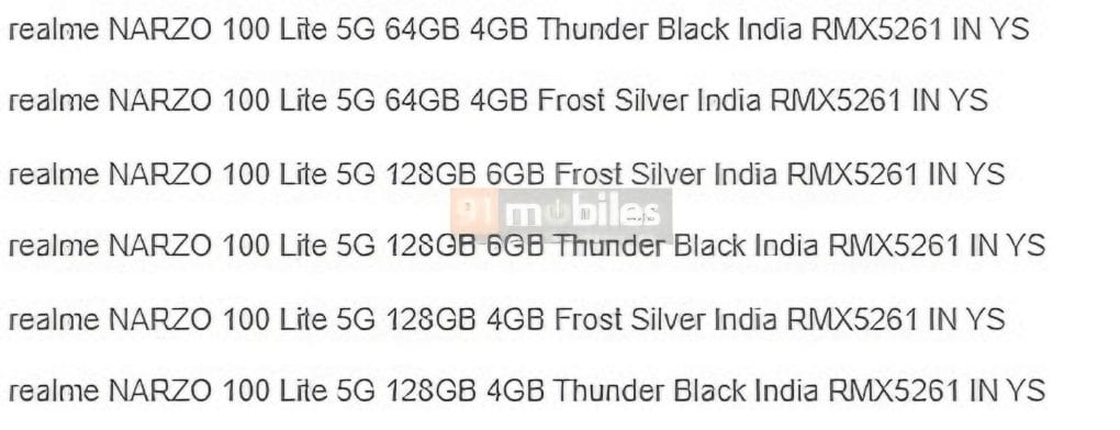 Realme Narzo 100 Lite Storage and colour options